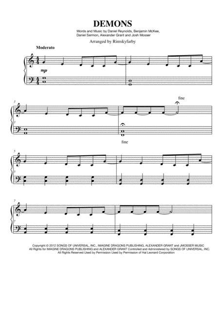 Demons For Easy Piano By Imagine Dragons Digital Sheet Music For
