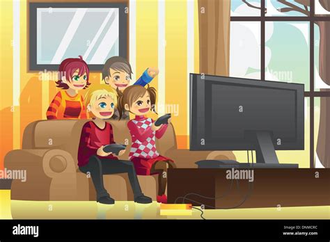 A Vector Illustration Of Kids Playing Video Games At Home Stock Vector