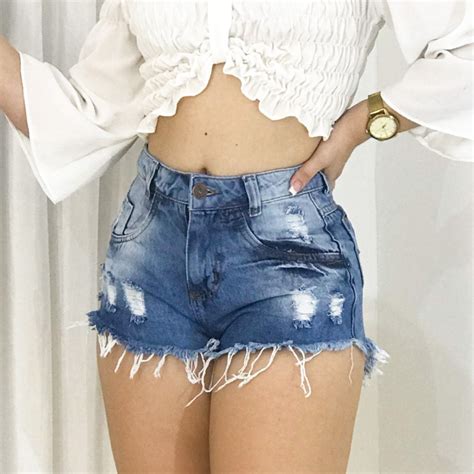 Bermuda Short Shortinho Jeans Luxo Feminino Cintura Alta Hot Pants Destroyed Amassadinho