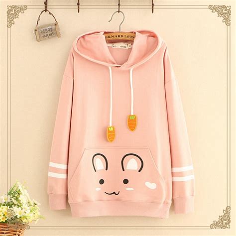 Spring Cute Carrot Hooded Pink Hoodies Women Sweatshirt Harajuku Casual Rabbit Print Long Sleeve