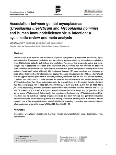 Pdf Association Between Genital Mycoplasmas Ureaplasma Urealyticum