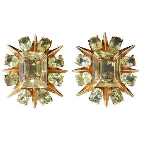 Tony Duquette Citrine Gold Starburst Clip On Earrings at 