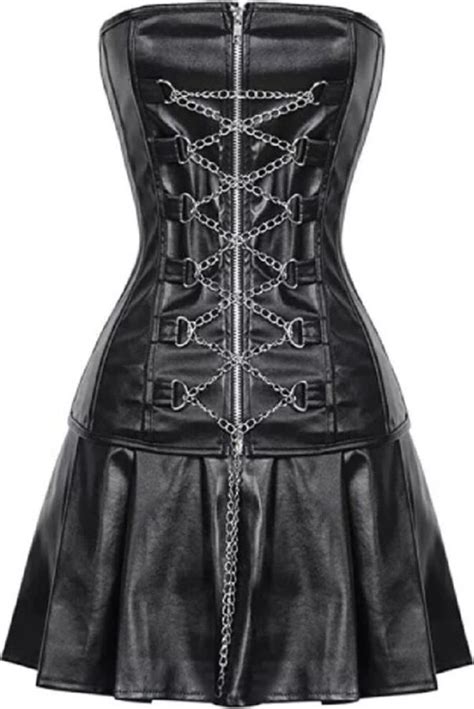 generic top totty saucy gothic role play erotic dominatrix chain front leather corset and skirt