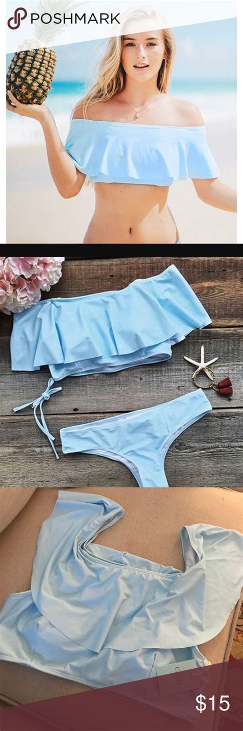 Light Blue Bikini Ruffle Off The Shoulder Cupshe Bikini Cupshe Swim