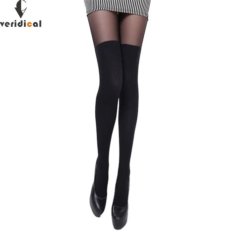 Veridical Sexy Women Tights Over Knee Double Stripe Sheer Black Temptation Sheer Mock Suspender