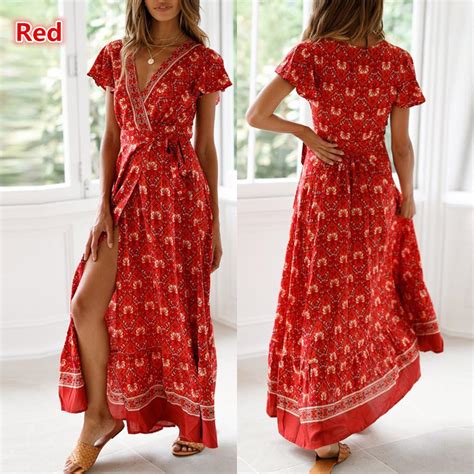 Buy Womens Boho V Neck Floral Summer Party Evening Beach Long Dress Sundress At Affordable