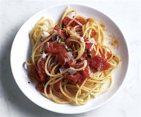 Serve with parmesan if desired. Spaghetti with Summer Tomato Sauce - Recipe - FineCooking