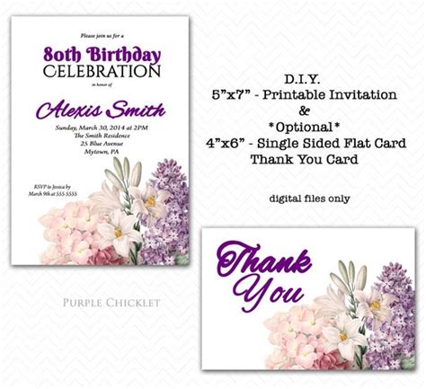 Purple 80th Birthday Invitation Thank You Card SET option