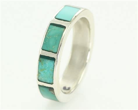 Vintage Turquoise Inlaid Sterling Silver Wedding Band Ring Size