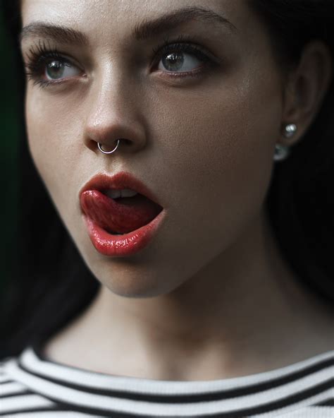 Licking Lips Face Women Pierced Septum Open Mouth Model Tongues Tongue Out Red Lipstick