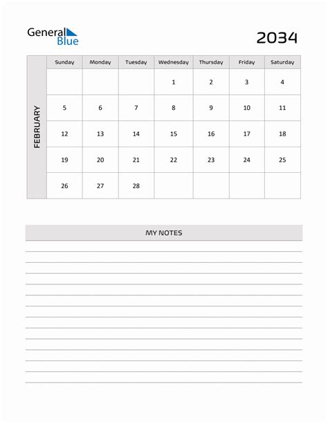 February 2034 Printable Monthly Calendar With Notes