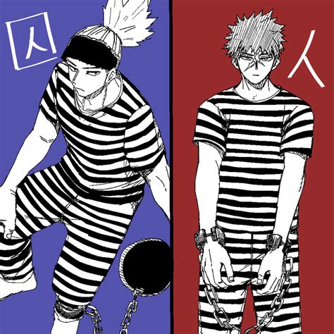 Prison Clothes Ball And Chain Restraint Multiple Boys 2boys Male Focus Cuffs Scar Illustration