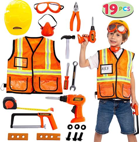 Gold Toy Construction Worker Costume Role Play Tool Toys Set For 3 6