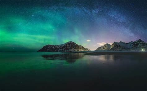 배경 화면 오로라 아이슬란드 산 바다 밤 1920x1080 풀 Hd 2k 그림 이미지