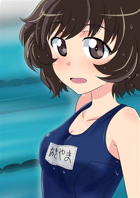 safebooru 1girl absurdres akiyama yukari bangs blue swimsuit blush brown eyes brown hair