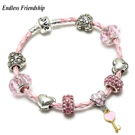 Pink Love Lock Dangle Charm Bracelet Pink Glass Crystal Beads Bracelets