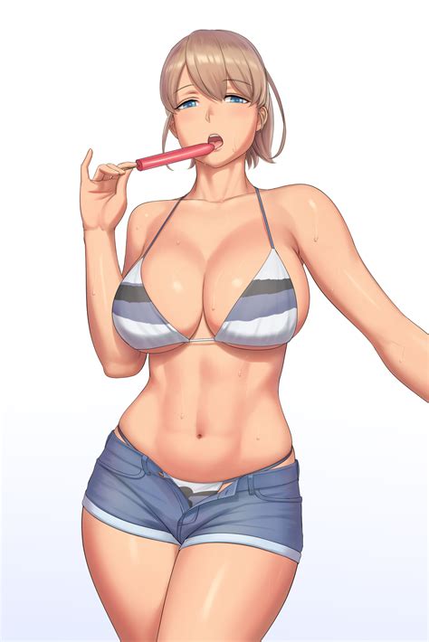 Women Huge Breasts Lvl Sentrythe2310 Bikini Shorts Popsicle Anime 1400x2099 Wallpaper