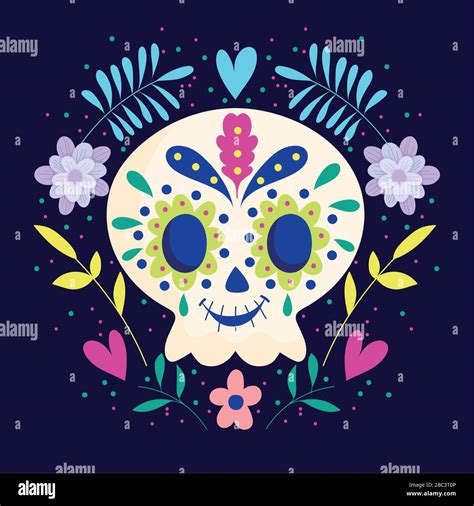 Day Of The Dead Skull With Wreath Of Flowers Traditional Mexican