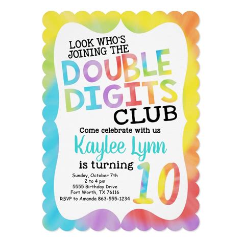 Tie Dye Double Digits 10th Birthday Invitation Girls Birthday Party
