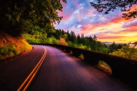 Sunset Forest Colors Road Clouds Trees View Sky Nature Wallpaper