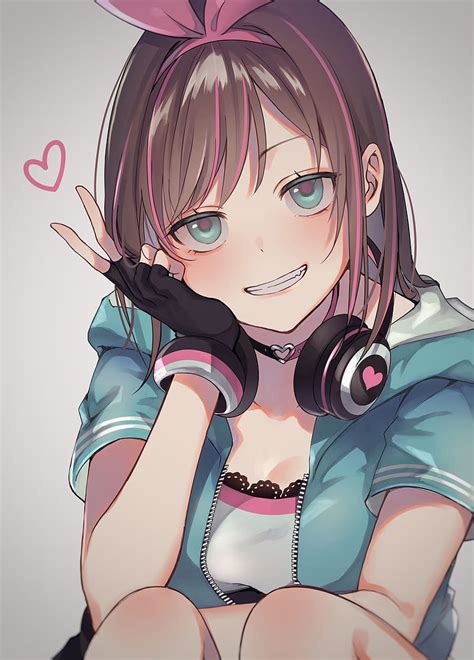 Youtuber Virtual Chicas Anime Morena Auriculares Sonriendo Kizuna