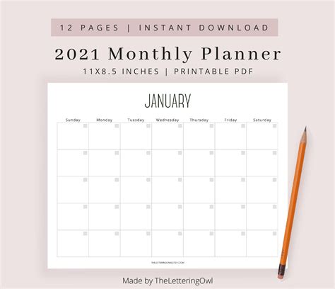 2022 Undated Monthly Calendar Landscape Printable Calendar Etsy