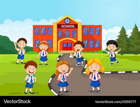 Happy School Children In Front Of The School Vector Image