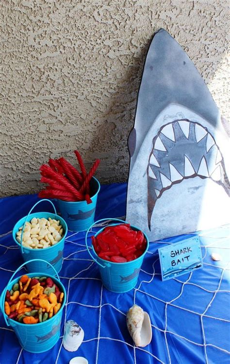 Easy Shark Birthday Party Ideas Love This “shark Bait” Snack Table