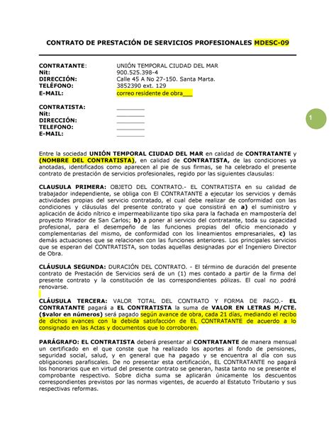 Modelo Contrato Prestacion De Servicios Union Temporal Ciudad Del Mar