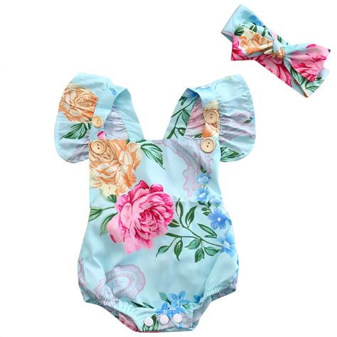 Summer Baby Rompers 2pcs Baby Girls Floral Blue Ruffles Sleeve Backless