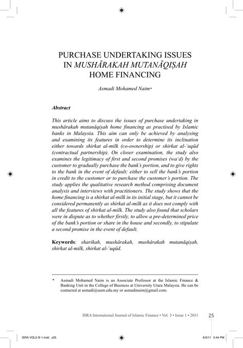 Islamic financial institution, musyarakah mutanaqisah home financing, reference benchmark pricing, rental yield. (PDF) Purchase undertaking issues in musharakah ...