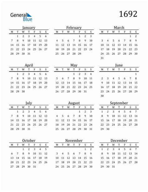 1692 Yearly Calendar Templates With Monday Start