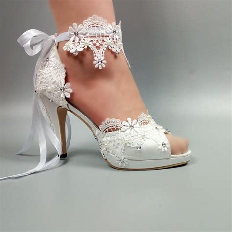 Womens Wedding Shoes New Arrival Peep Toe White Lace Up Shoes Two Piece Ladies Party Dress Shoes