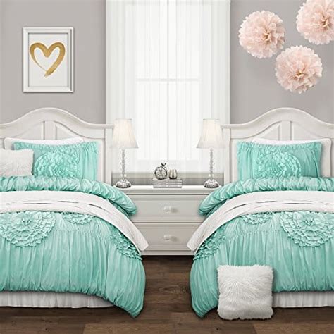 Lush Decor Serena Comforter Aqua Ruched Flower 2 Piece Set Twin Xl