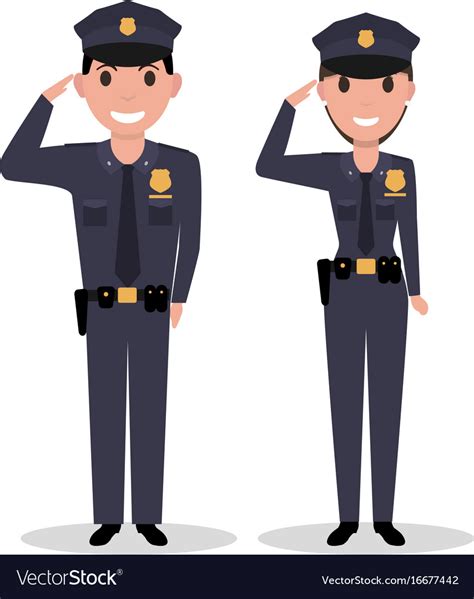 Coin toss, rotation on animated images. Cartoon policeman and police woman salutes Vector Image