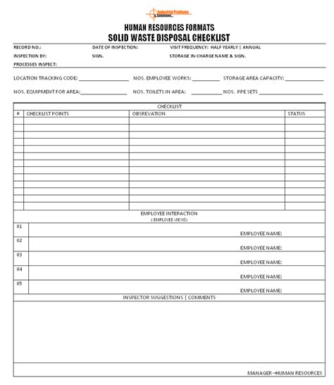 Solid Waste Disposal Checklist Format Throughout Waste Management