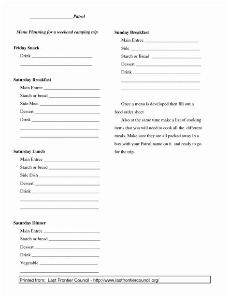 Bsa Meal Planning Worksheet