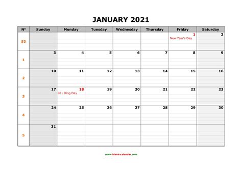 2021 Printable Calendar With Boxes Yearly