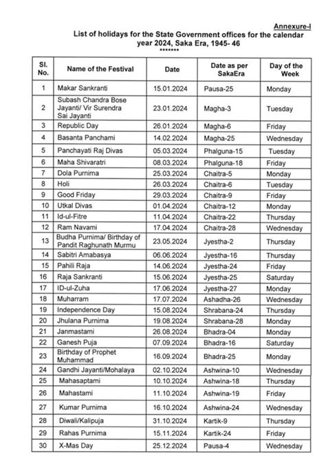 Odisha Government Releases 2024 Holiday Calendar For Employees Odisha