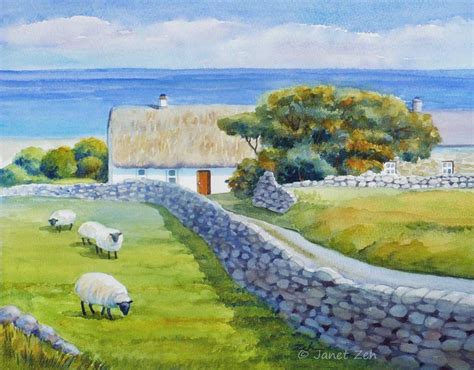 Original Watercolor Ireland Thatched Cottage Landscape Painting By