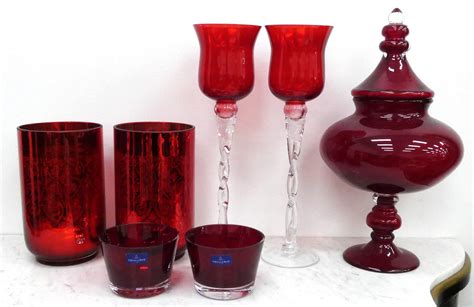 Lot 7 Red Glass Decor Pieces Candleholders
