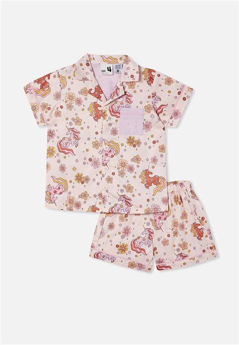 Patty Short Sleeve Pyjama Set Crystal Pinkretro Floral Unicorn