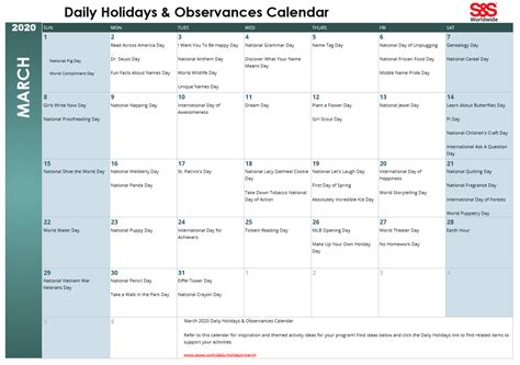 March Daily Holidays And Observances Printable Calendar S