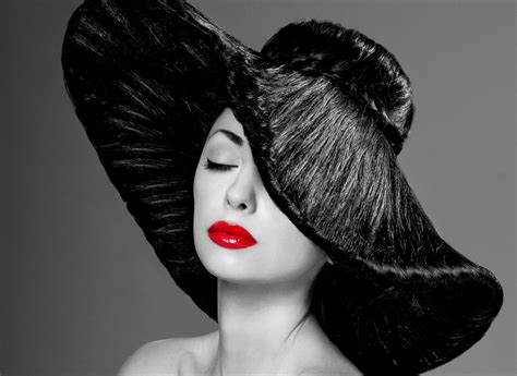 Girl Photo Black And White Hat Make Up Red Lips Hd Wallpaper