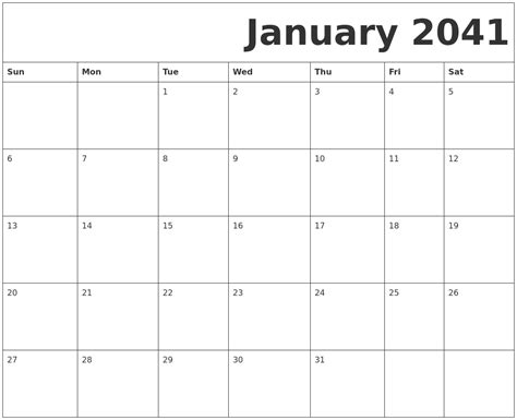 January 2041 Free Printable Calendar