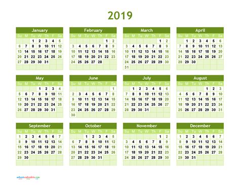 Yearly Calendar 2019 Printable Full Year Calendar 2019 Green