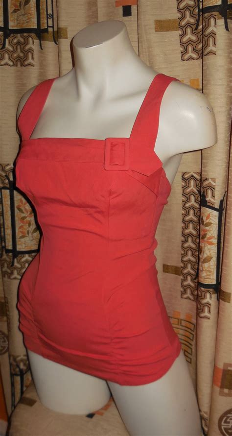 Vintage 1950s Bathing Suit Red One Piece Swimsuit Buckle Detail Boning