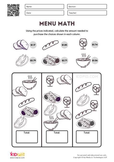 Menu Math Worksheet Printable