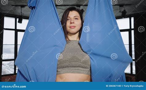 Fit Woman Wrapping In Hammock In Yoga Class Stock Footage Video Of