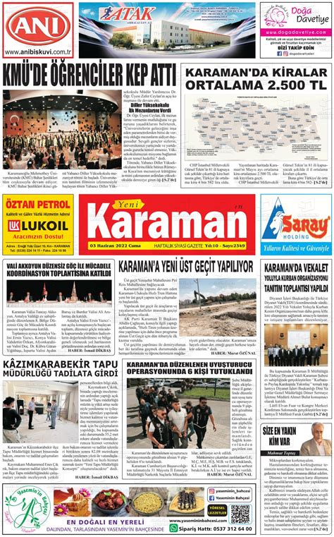 03 Haziran 2022 tarihli Yeni Karaman Gazete Manşetleri